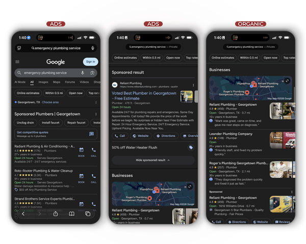 Google Maps and search results for local trades businesses